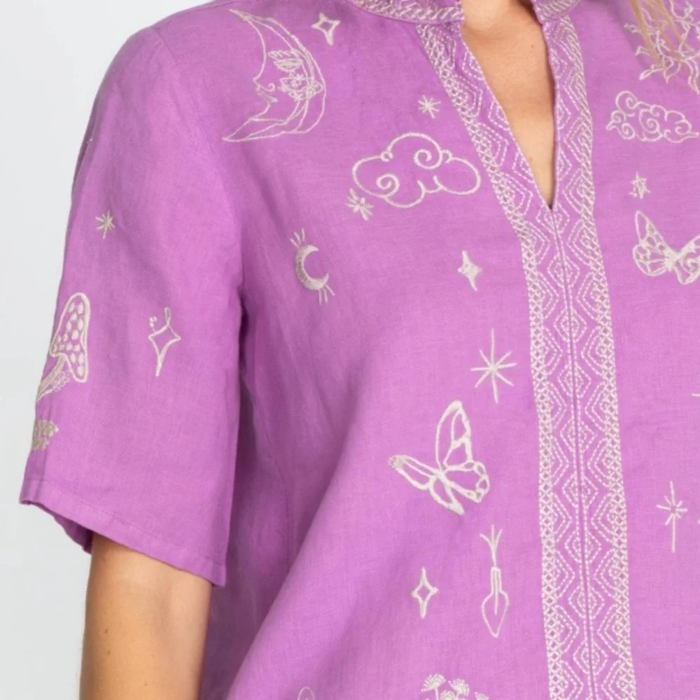 Johnny Was NOAH EASY V‑NECK Embroidered Top Mandarin Collar Purple Lilac Size M - Picture 5 of 16